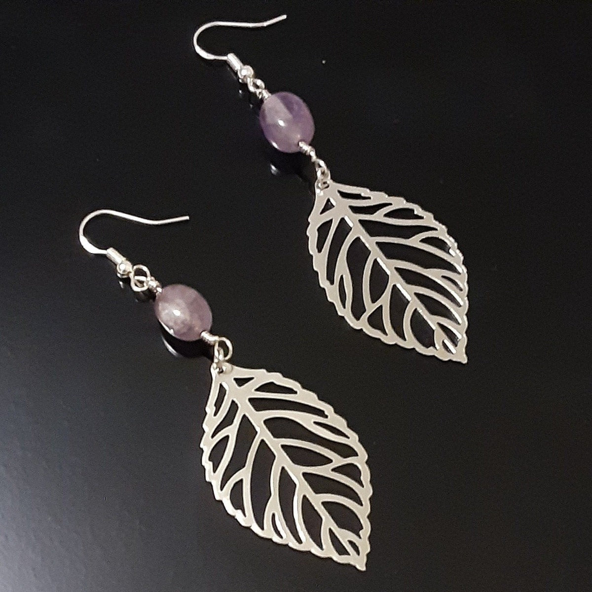 Silver Gold Large Leaf Earrings, Bead Leaf Earrings, Dangle Earrings,Gift for her